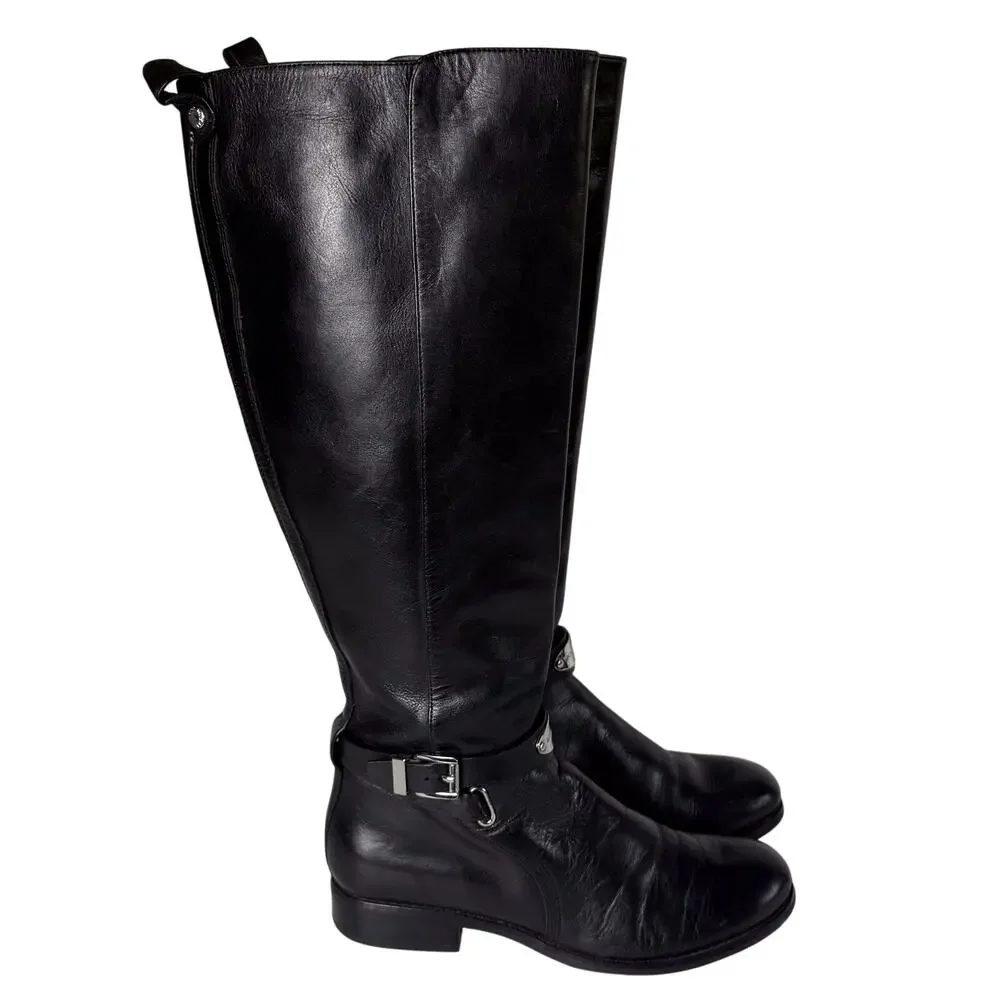 Michael Kors Arley Tall Boots Womens 6.5 Black Leather Equestrian Flat Knee High